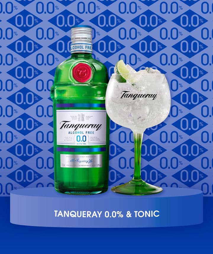 Tanqueray Alcohol Free bottle and Gin and Tonic cocktail