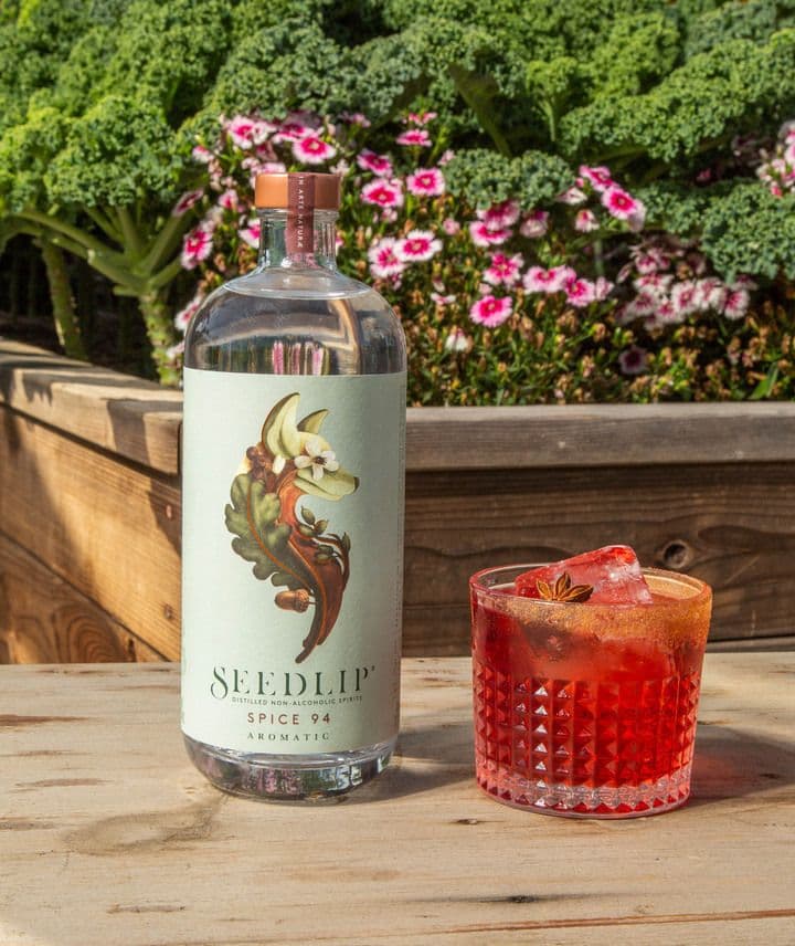 Seedlip spice bottle with cocktail
