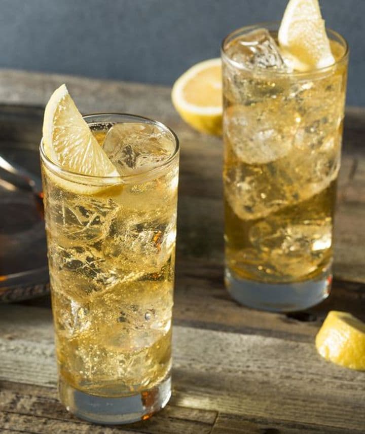 La imagen muestra un vaso Highball llena de whisky highball decorada con un gajo de naranja